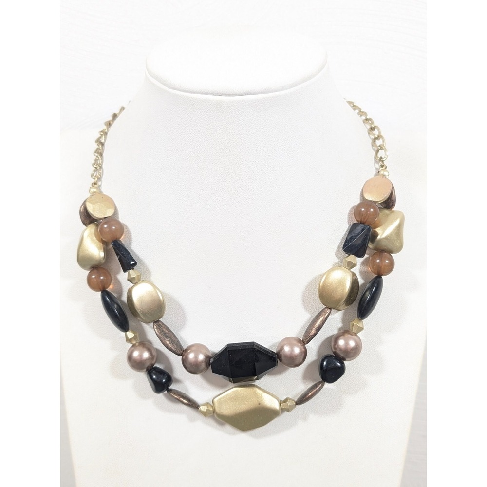 NYC Gold Tone Matte Black Beige Faux‎ Pearl Layered Statement Necklace 19"